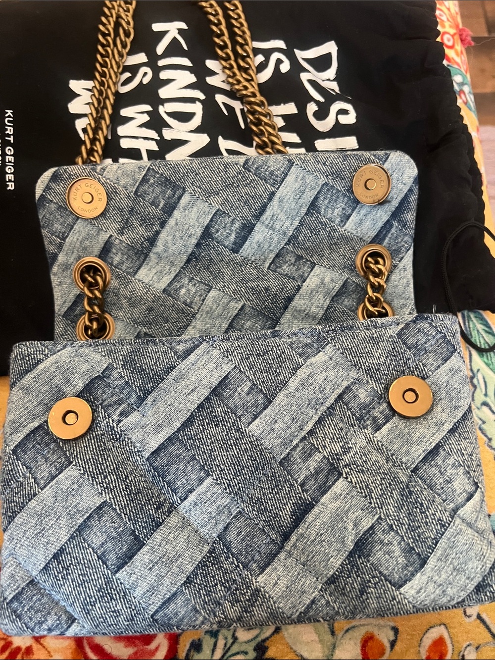 Kurt Geiger Denim Woven Crossbody with Gold-Tone Eagle Clasp - Picture 7 of 10